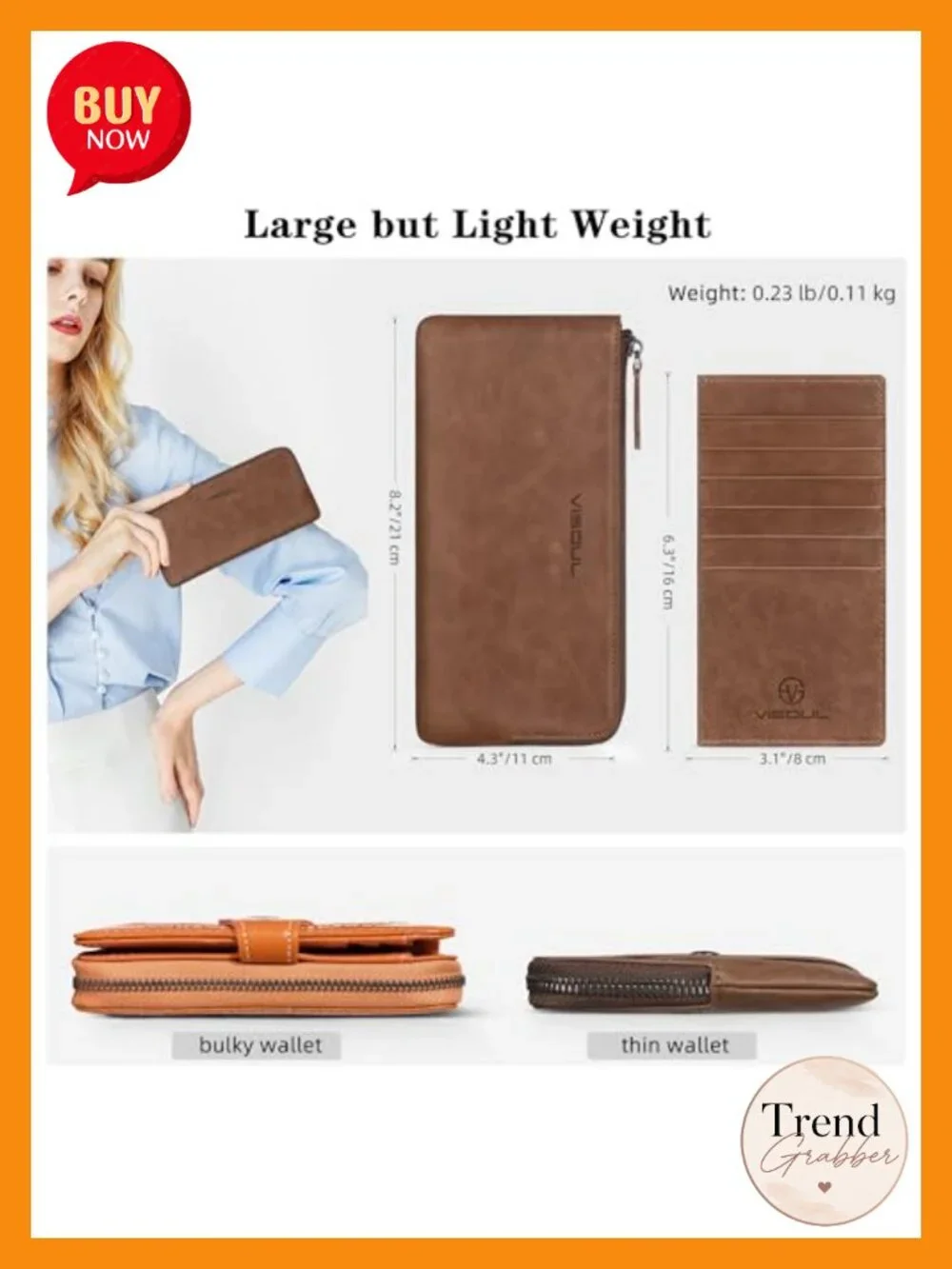 Genuine Leather RFID Zipper Cash Wallet with Removable Card Holder, Clutch Style